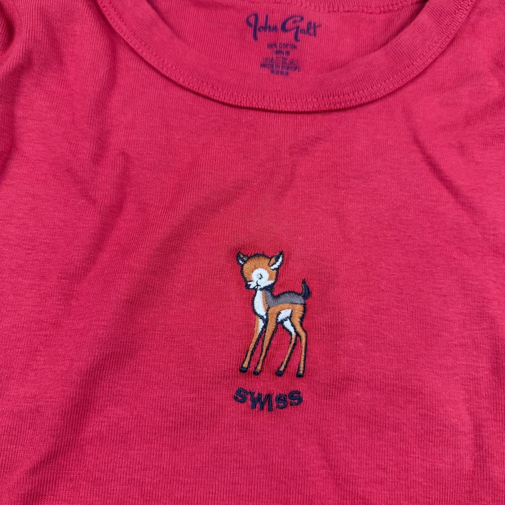 John Galt Brandy Melville Red Swiss Deer Embroidered Baby Tee Crop Top OS - Picture 6 of 6